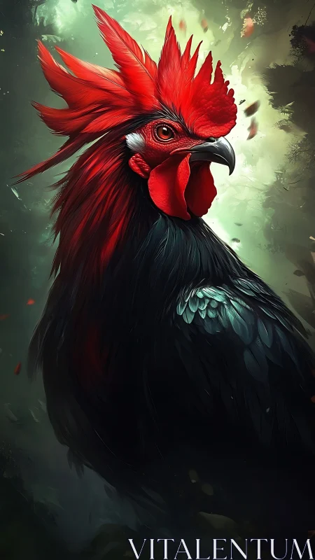 Crimson-Crowned Rooster Portrait Against Ethereal Green Haze.