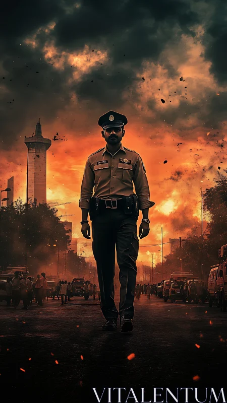 Parametric low-angle portrait of police officer in infernal dusk.