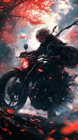 Motorcyclist in dark clothing under red autumn foliage.