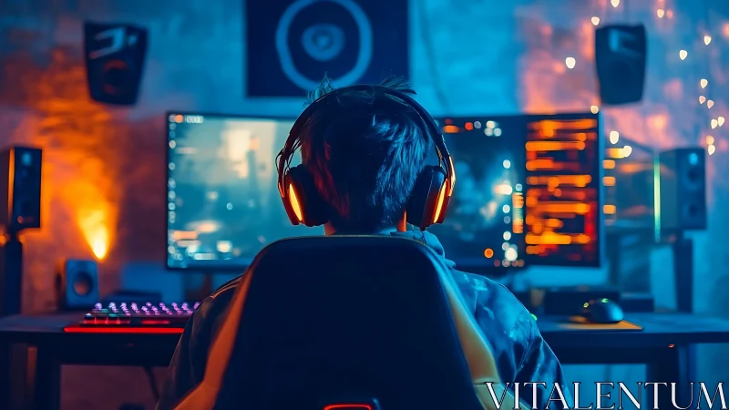 Gamer controls RGB battlestation under neon ambient light.