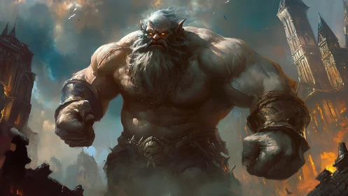 Titan elder storms a burning citadel with thunderous resolve