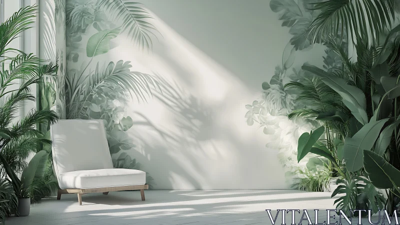 Indoor corner with white lounge chair and dense green plants.