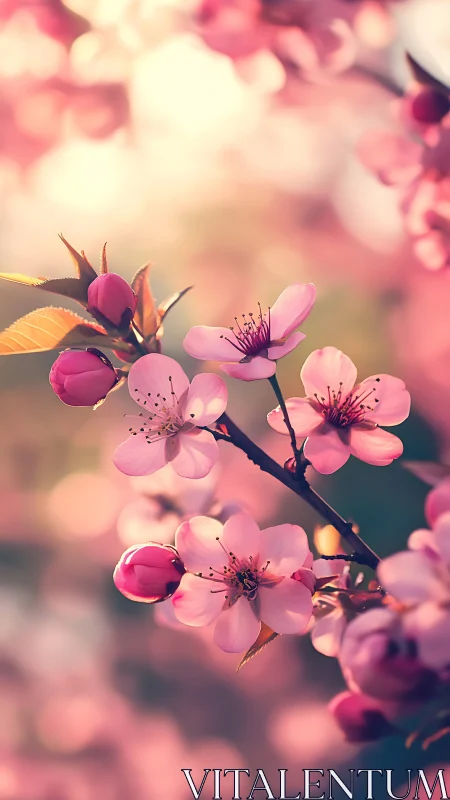 Pink Cherry Blossoms with Buds on Branch