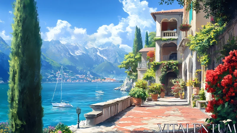 Sunlit lakefront terrace dreaming in Italian coastal color.