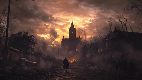 Solitary figure in ruined town street toward burning tower.