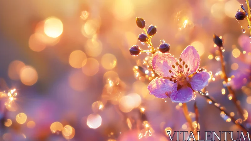 Dewdrops and Dreams: A Purple Flower's Golden Moment.