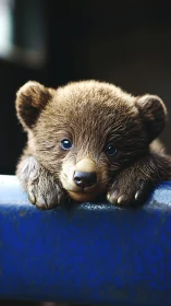 Close-up portrait of a brown bear cub resting quietly.
