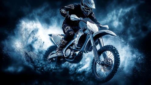 Off-road motorcyclist in blue-toned dynamic composition.