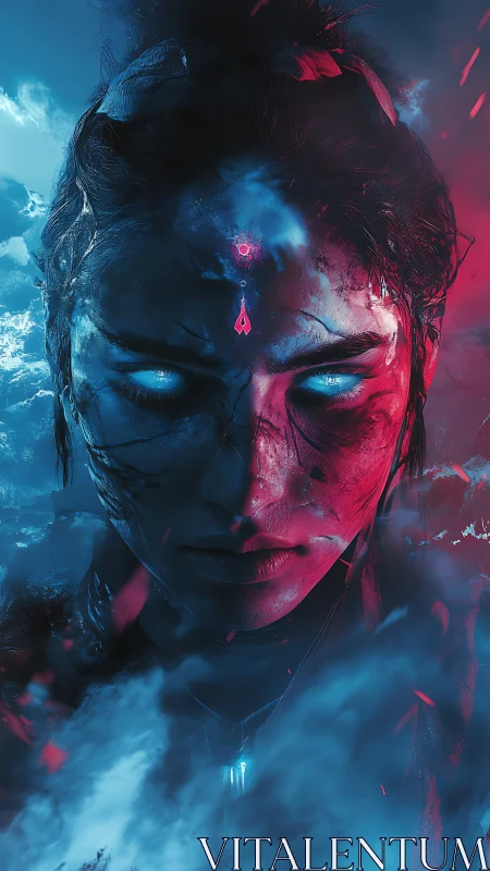 Bicolor spectral portrait of scarred mystic with glowing sigil and eyes