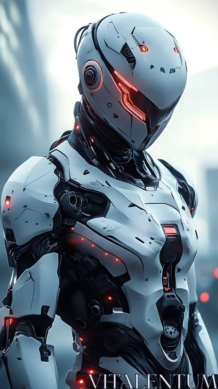 Cybernetic combat exosuit with luminous red circuitry detailing.