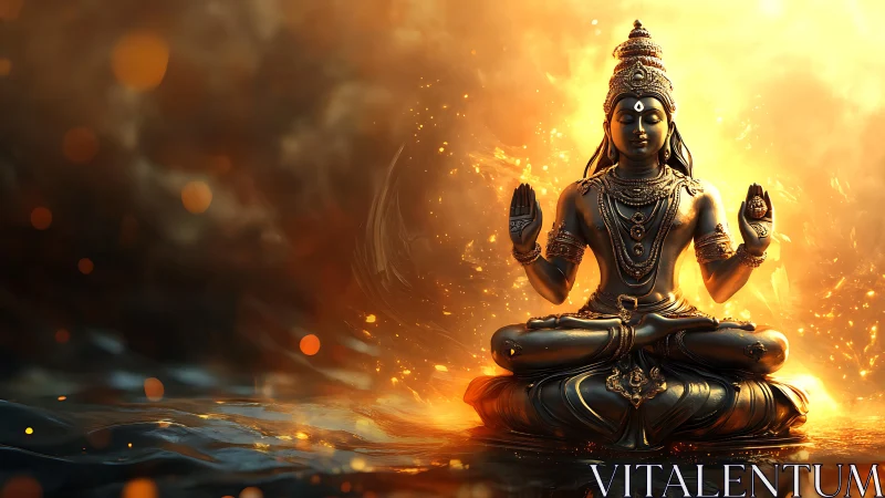 Radiant metal deity meditating in molten sunrise firelight.