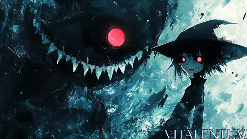 Witch child confronting abyssal monster in cyan haze.