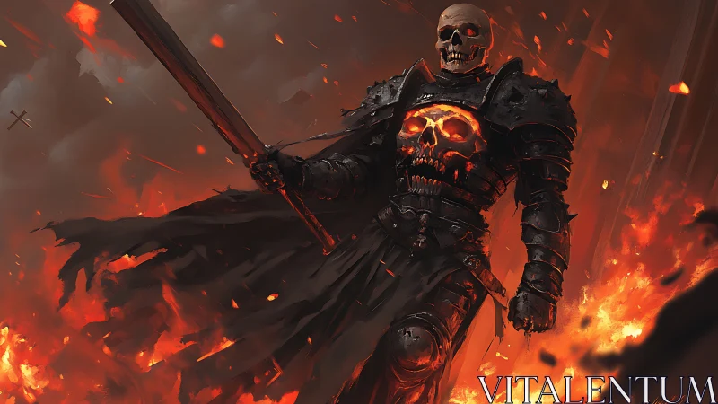 Armored skeletal warrior strides through flames holding sword