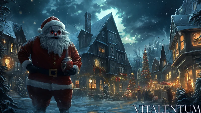 Santa figure with red eyes in nocturnal winter village scene.