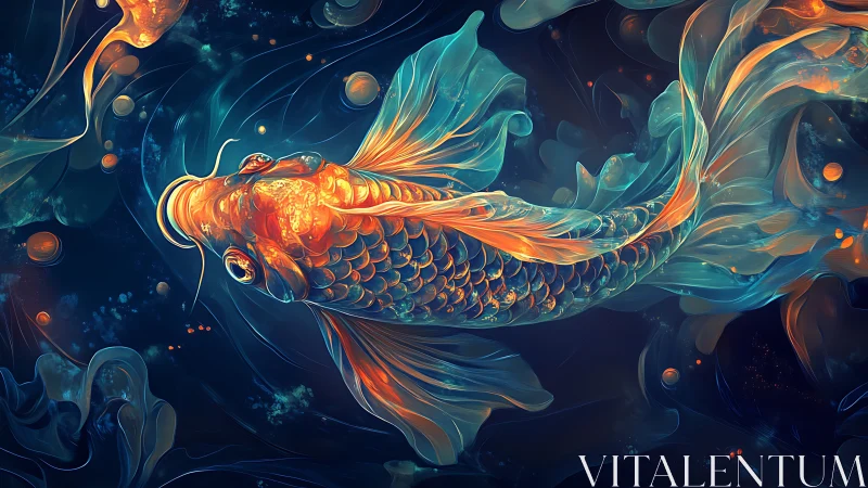 Iridescent koi fish rendered in luminous fluid abstraction.