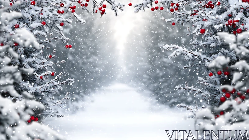 Snow covered forest path bordered by berry laden branches.