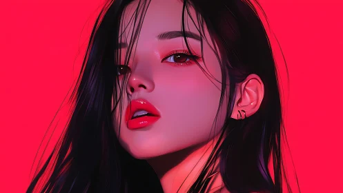 Neon-lit digital portrait with glossy lips and red backdrop.