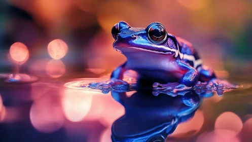 Iridescent tree frog on reflective water in neon bokeh light