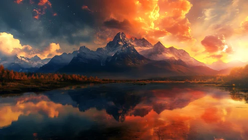 Blazing sunset engulfs tranquil mountain lake in fiery hues
