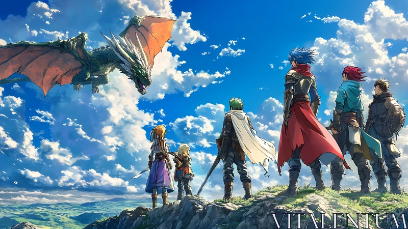 Fantasy heroes confront dragon above bright valley.