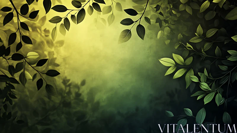 Soft forest foliage frames a tranquil glowing green mist