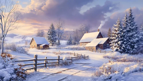 Sunlit winter cabins resting quietly in snowy farmland.