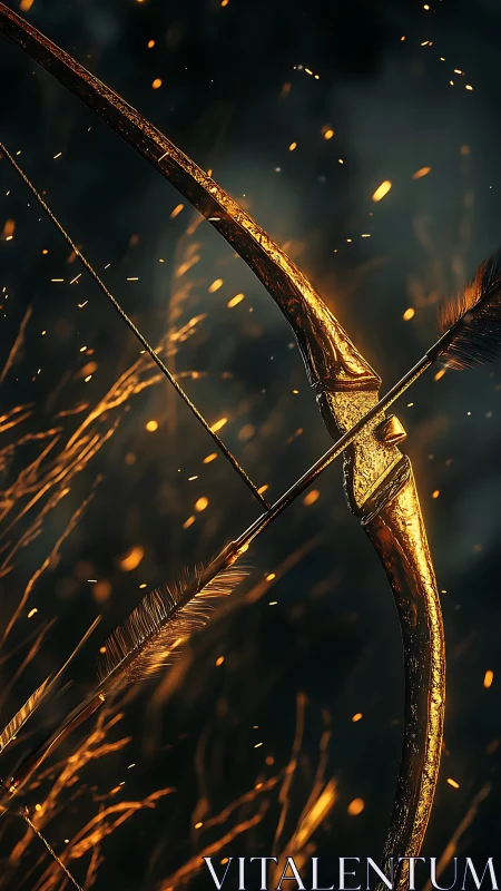 Golden war bow holds a nocked arrow amid drifting embers