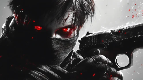 Masked gunman stares with glowing red eyes in stark contrast