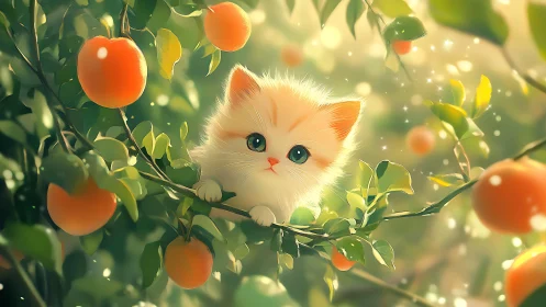 Illustrated feline perched on fruit-bearing branch amid foliage.
