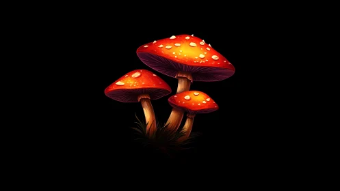 Glowing red forest mushrooms stand in a quiet midnight spotlight