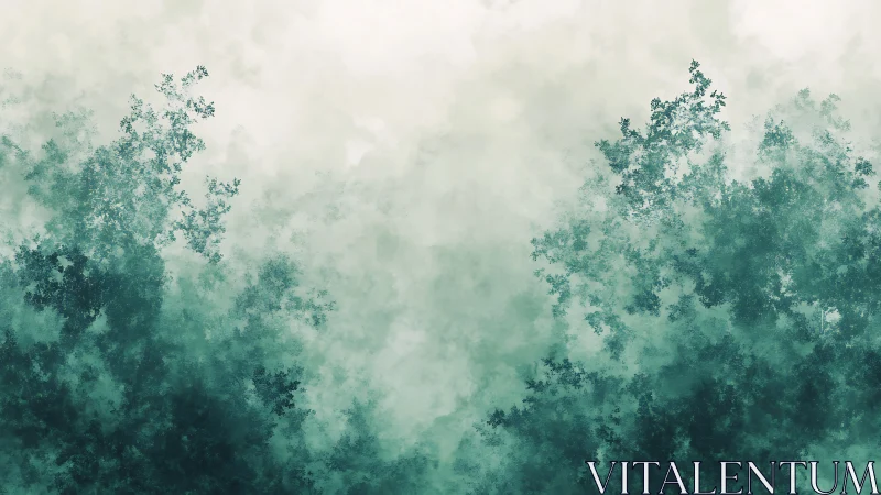 Misty Forest Canopy Through Fog. Ethereal Woodland Atmosphere