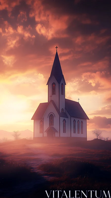 Sunlit country church stands in glowing misty sunset field