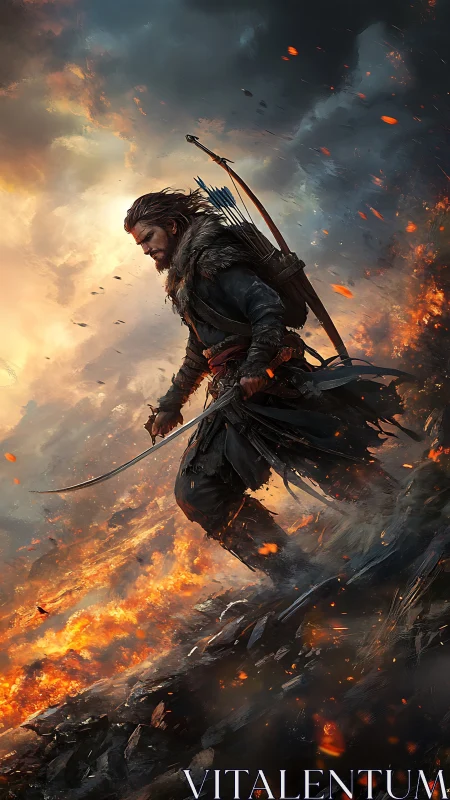 Lone ember-walker strides through stormlit battlefield ashes