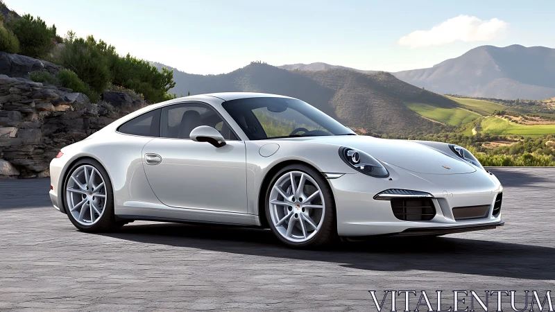 White two-door sports coupe is parked on a paved terrace