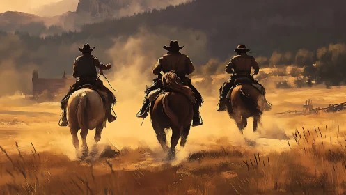 Sunlit cowboys riding home through golden prairie dust.