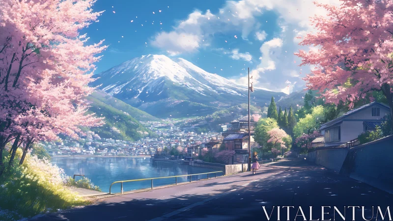 Snowy mountain and riverside town under spring blossoms.