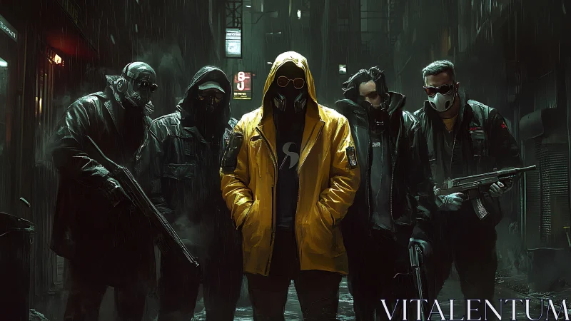 Masked urban group in rainy neon alley at night. Period.