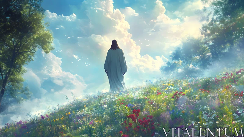 Figure in white robe stands in flower field under bright sky