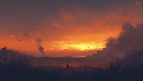Solitary figure under incendiary marshland sunset sky