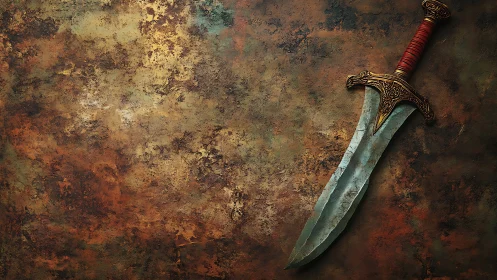 Weathered warblade resting on a burnished legend wall.