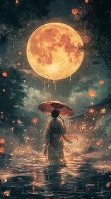 Moonlit wanderer strolls beneath a dripping lantern sky