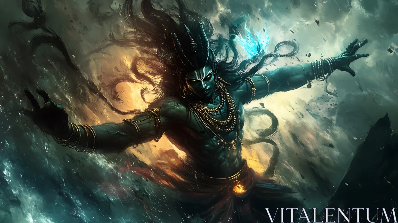 Storm dancer in swirling cosmic seas of fire and mist.