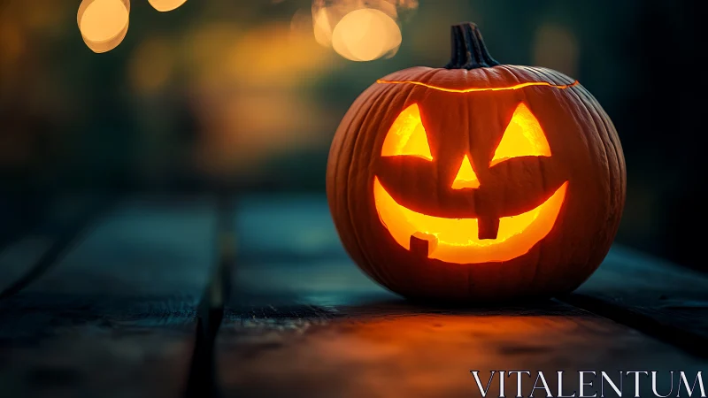 Glowing jack-o-lantern smiles warmly on a rustic night table