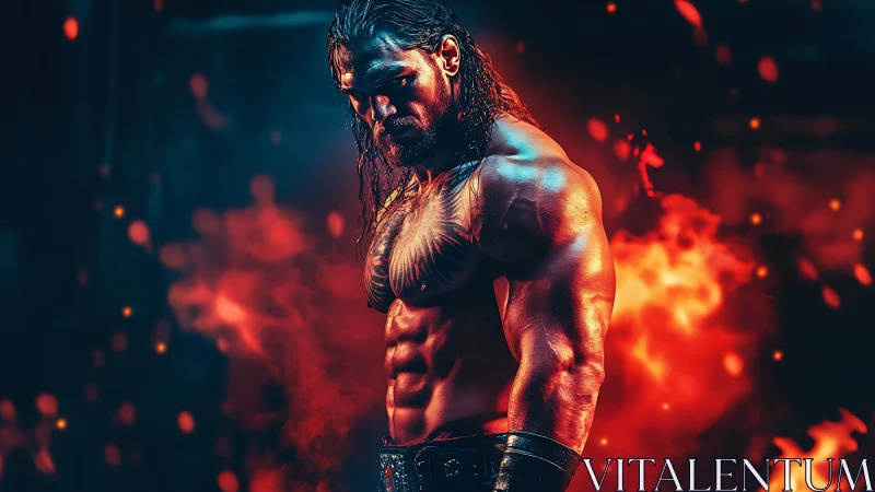 Digital painting of a fiery warrior posed in dramatic chiaroscuro.