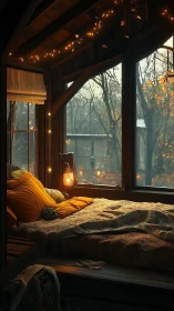 Autumnal window alcove bed with warm luminance gradients.