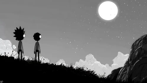 Two cartoon friends sharing a quiet moonlit hillside moment.
