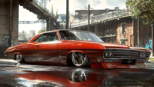 Sleek lowrider classic car glowing in sunlit city streets.