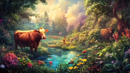 Tranquil Cows in a Lush Flower Meadow by a Stream, Fantasy Art.