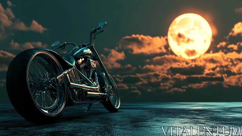 Custom motorcycle on wet ground under full moon sky.