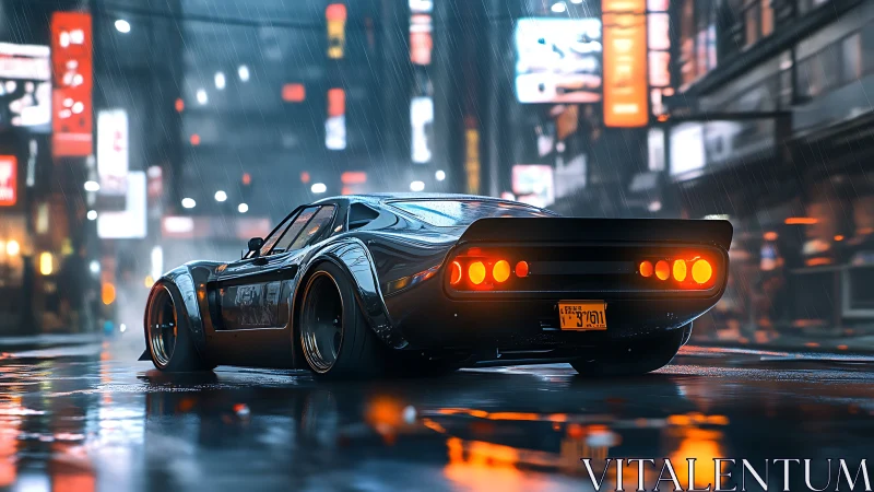 Retro muscle car glows on neon city streets in heavy rain.